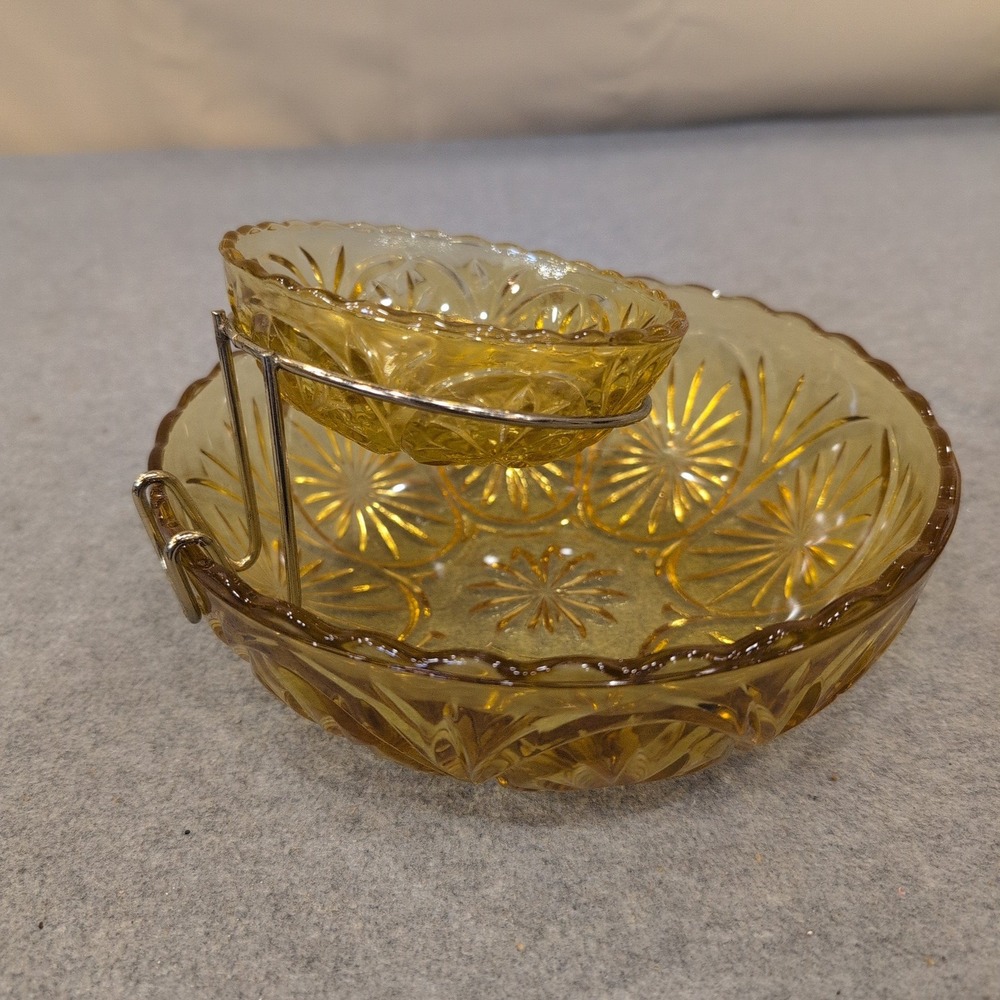 Anchor Hocking Medallion Honey Gold Chip and Dip Set Amber Glass Starburst 1960s - Picture 2 of 5